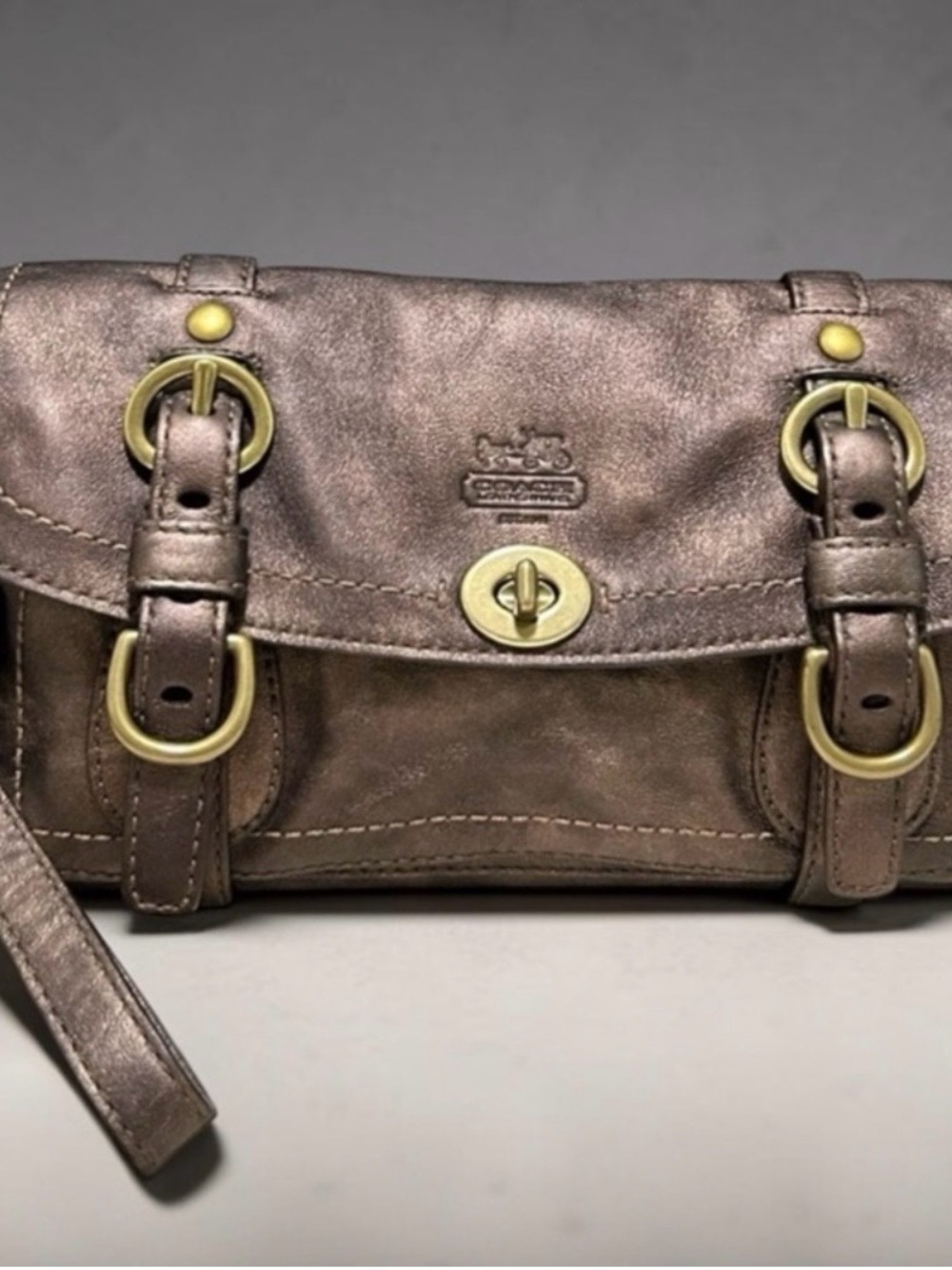 Coach Metallic Bronze Leather Turnlock Wristlet Clutch